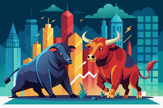 Vector two bulls are fighting in front of a city skyline