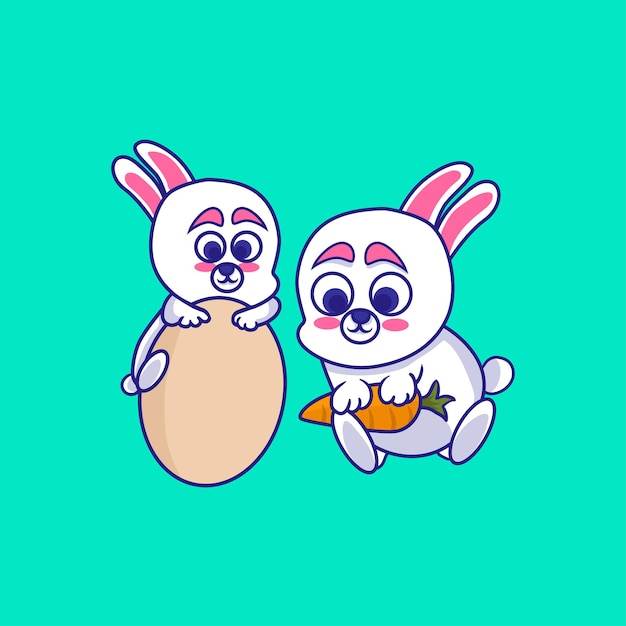 two bunnies one carrying carrots and one carrying easter egss