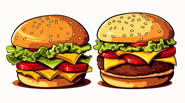 Vector two burgers with cheese and lettuce on them