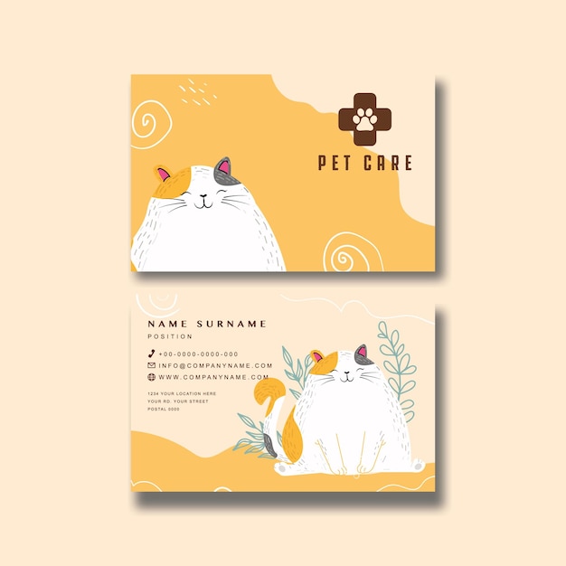 two business cards with a cat and a flower on the bottom