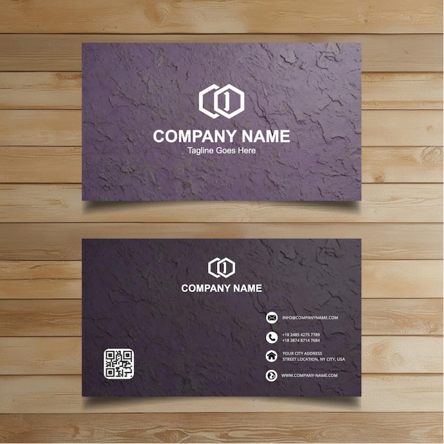 two business cards with a purple background and a black sign that says company name in the corner