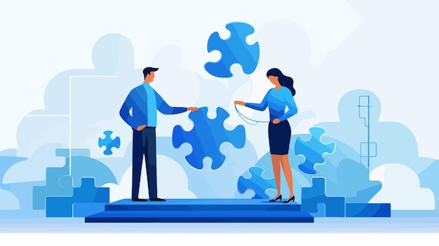 Vector two business people fitting jigsaw puzzle pieces together