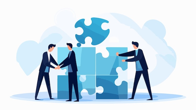 Vector two business people fitting jigsaw puzzle pieces together