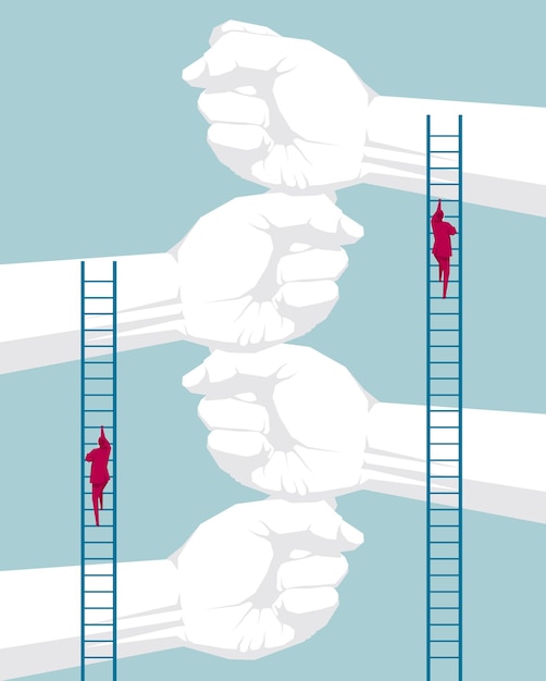 Two businessmen climbed their fists using a ladder. Isolated on blue background.