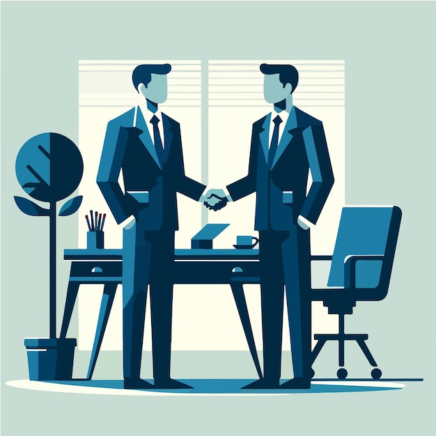 Vector two businessmen in a formal handshake within an office setting they are dressed in suits