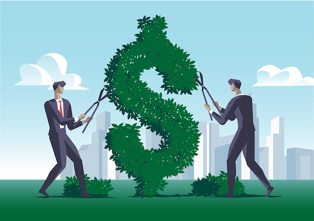 Two businessmen invest in the green economy by trimming a dollar shaped hedge