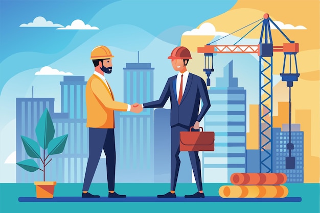 Vector two businessmen shake hands at a construction site with a crane and city buildings in the background symbolizing collaboration and partnership