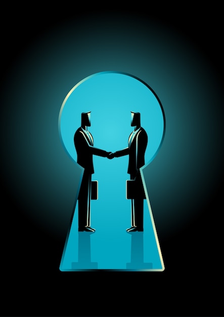 Two businessmen shaking hands seen through a keyhole