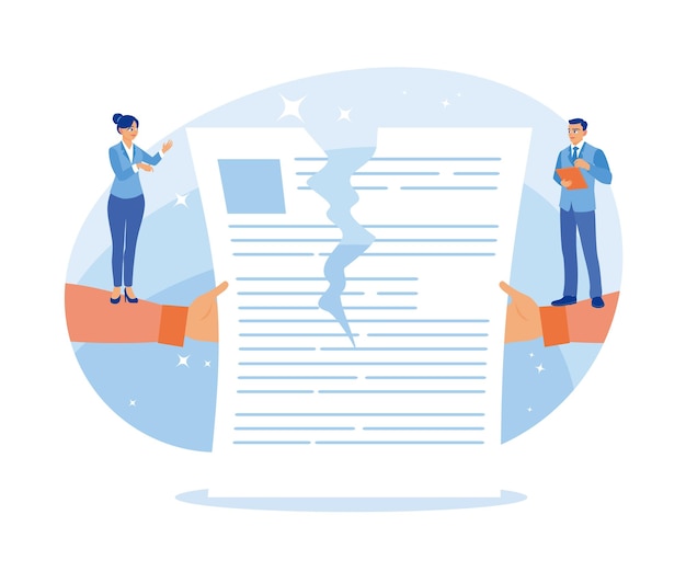 Vector two businessmen tore up and canceled a signed business contract contract agreement concept flat vector illustration