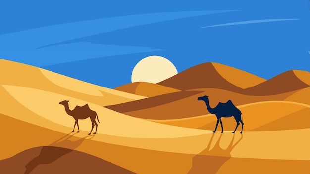 Vector two camels walking in desert with sand dunes