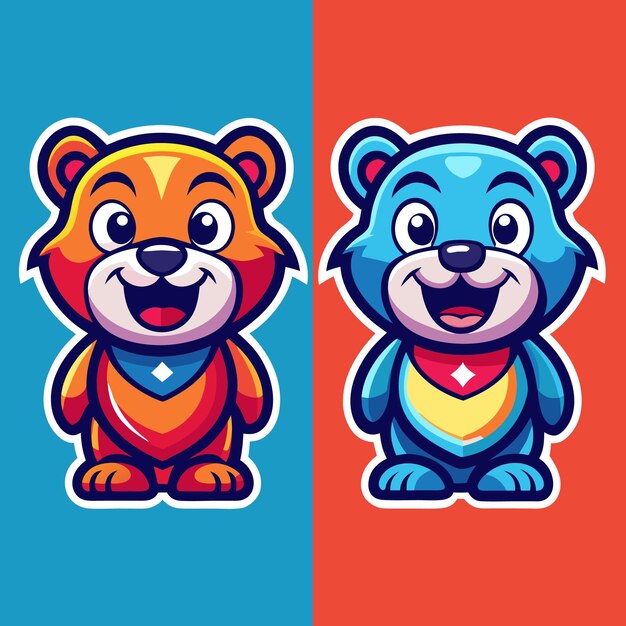 Vector two cartoon bears one orange and one blue standing side by side on a blue and red background