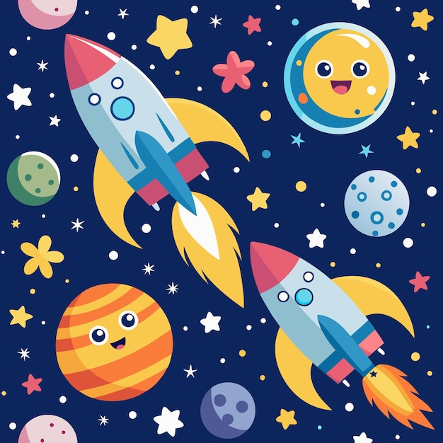 Vector two cartoon rockets fly through space surrounded by planets stars and moons