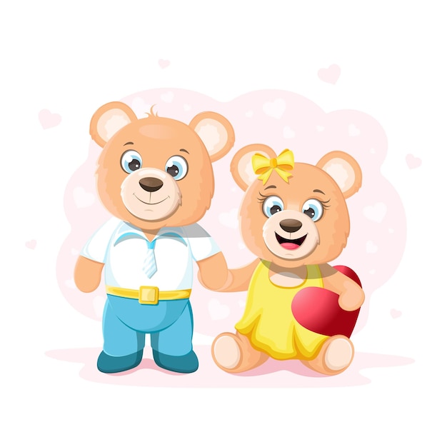 Two cartoon teddy bears in love Teddy bear boy holds by the paw a bear girl