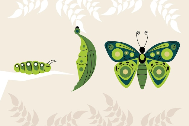 Two caterpillars and butterfly