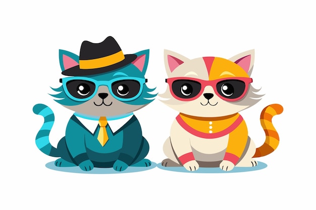 Two cats are sitting in sunglasses and wearing hats silhouette vector style illustration