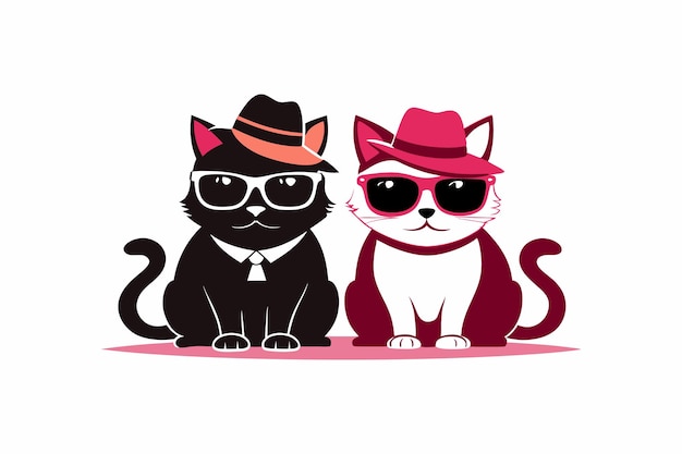 Two cats are sitting in sunglasses and wearing hats silhouette vector style illustration