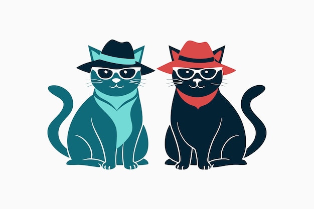 Two cats are sitting in sunglasses and wearing hats silhouette vector style illustration