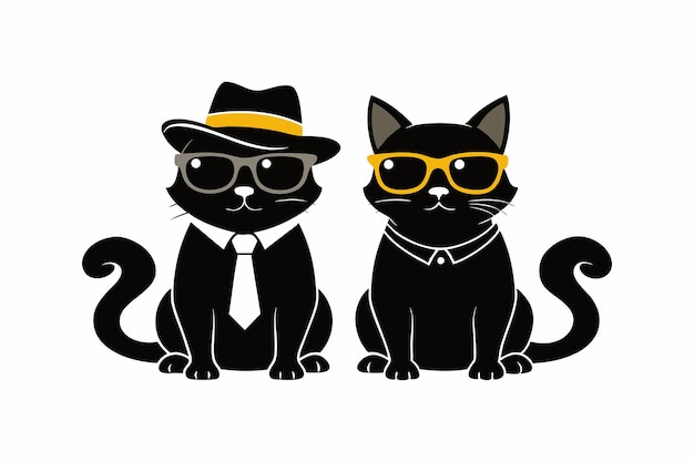 Two cats are sitting in sunglasses and wearing hats silhouette vector style illustration