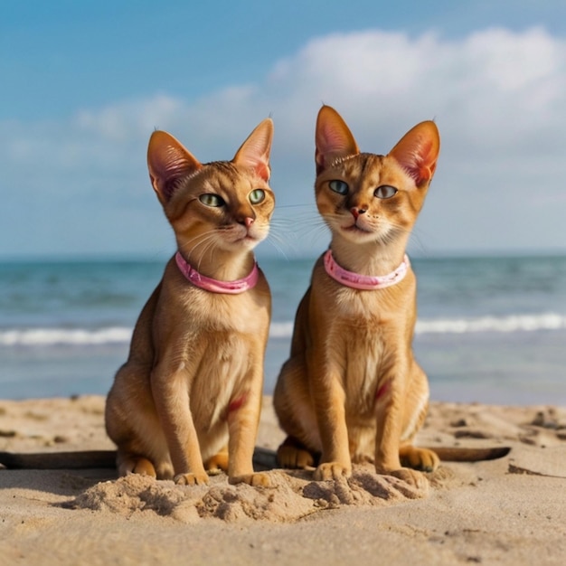 Vector two cats on a beach with the ocean in the background