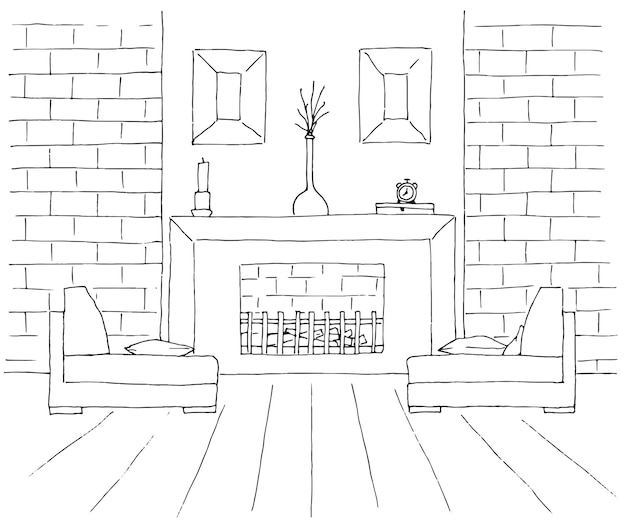 Two chairs in front of the fireplace On the fireplace there is a vase and other decor items Vector illustration in sketch style