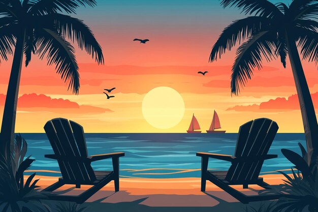 Vector two chairs and surfboard on tropical beach sunset