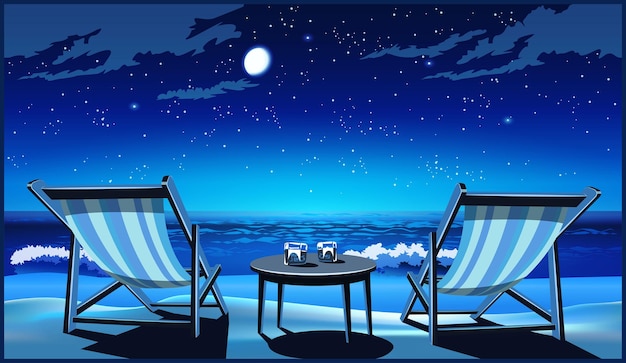 Vector two chaise lounges on the beach at night