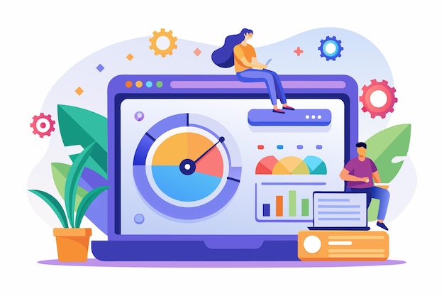 Vector two characters analyze website performance metrics on a computer screen in a vibrant workspace website speed test