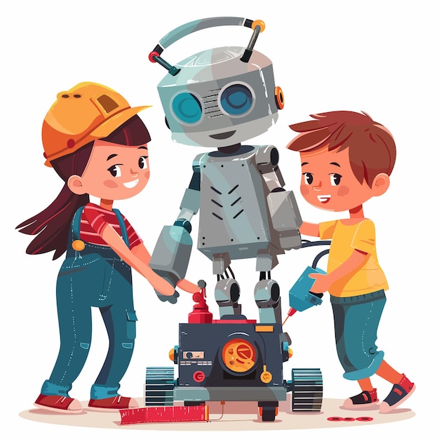 two children are working with a robot that has the word robot on it