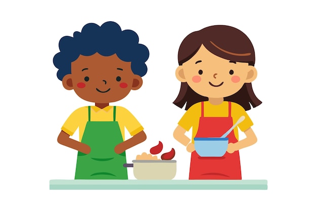 Vector two children cooking together smiling and enjoying the activity the illustration captures the joy and teamwork involved in preparing a meal