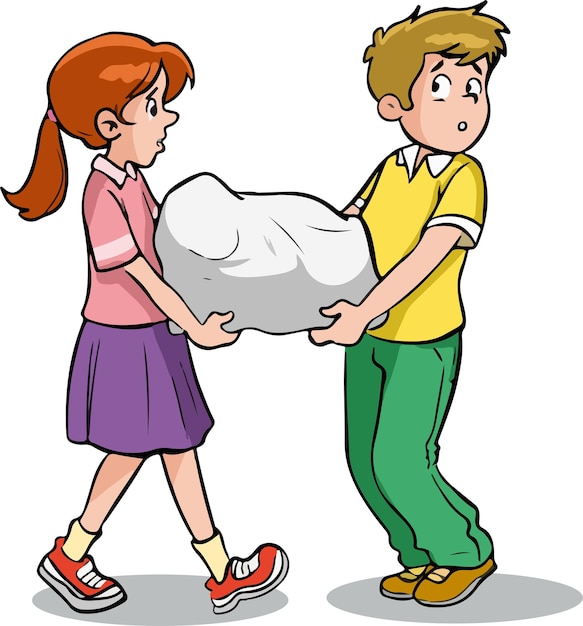 two children lifting and carrying a heavy stone vector