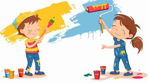 Vector two children painting wall with roller