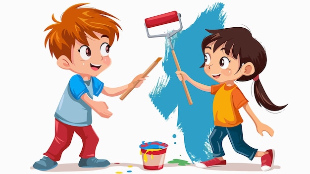 Two Children Painting Wall with Roller