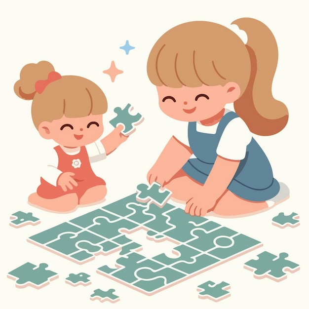 two children playing puzzle with one that says puzzle