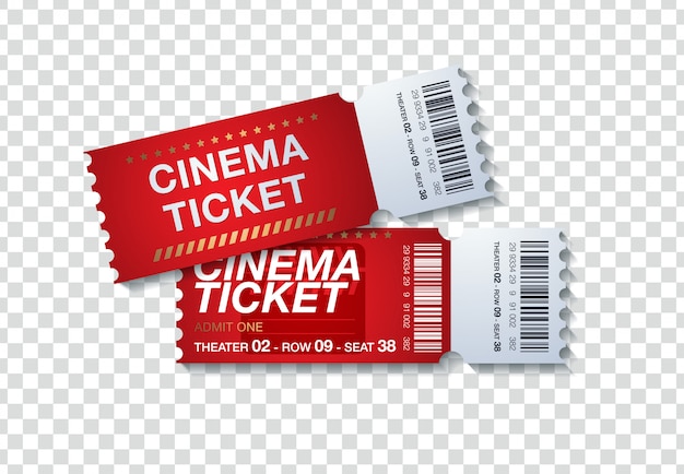 Two cinema tickets isolated on transparent background. Realistic front view illustration