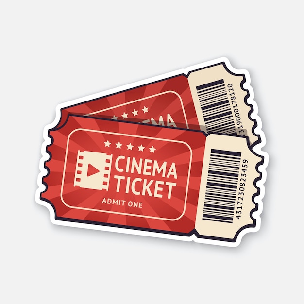 Two cinema tickets with barcode Pair paper retro coupons for movie entry Vector illustration