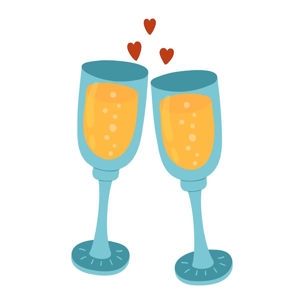 Two clinking glasses of wine or champagne and hearts isolated on white Celebration Cheers