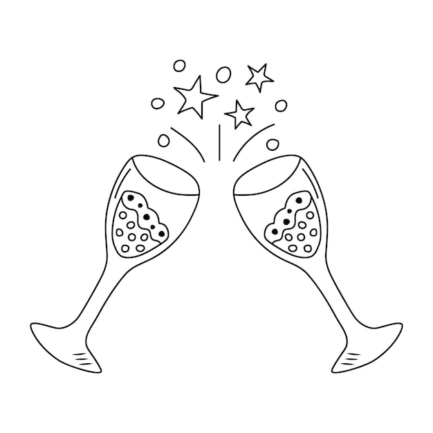 Two clinking glasses with champagne in doodle style Cheers holiday toast birthday party anniversary