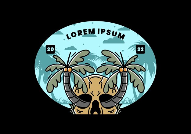 Two coconut trees growing on a skull illustration