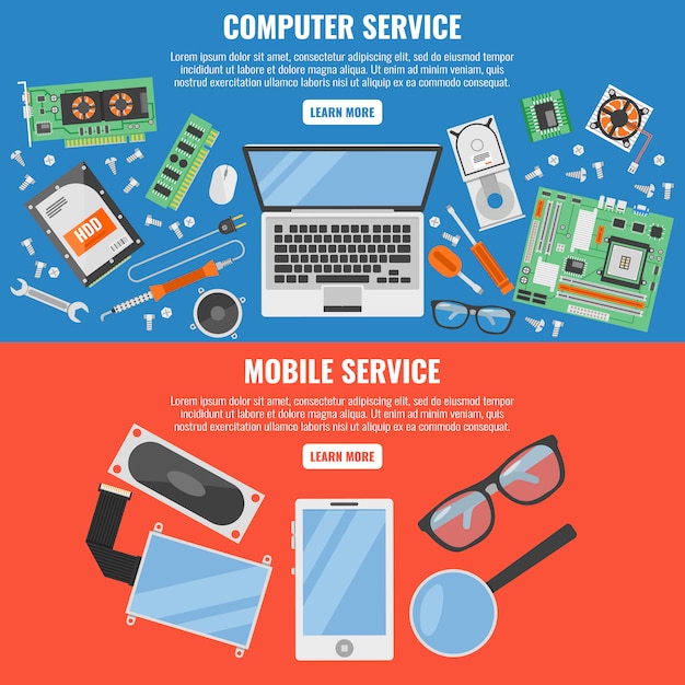 Vector two colored and horizontal computer and mobile service banner set with descriptions of computer service mobile service and white buttons vector illustration