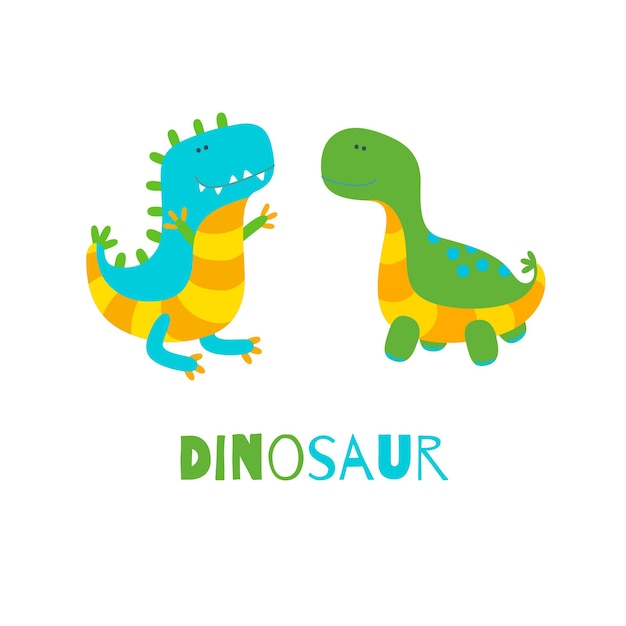 Two colorful dinosaurs on white background for prints and designs. Vector illustration in cute flat style