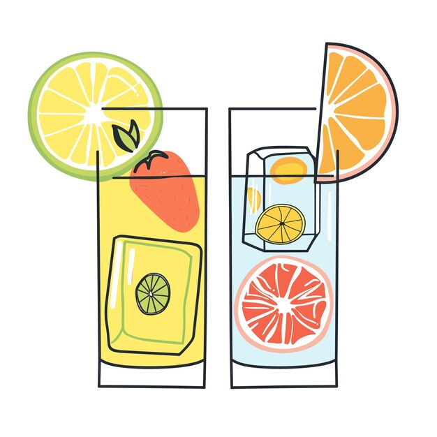 Two colorful drinks glasses citrus fruit garnish vector illustration Lemon lime orange slices