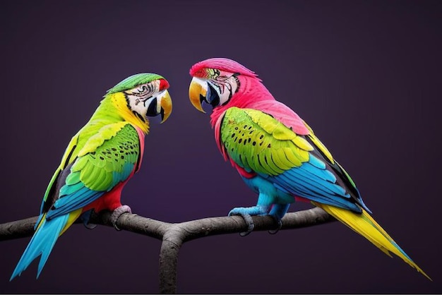 Vector two colorful parrots are sitting on a branch with one another