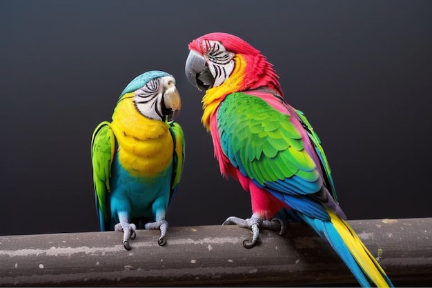 two colorful parrots are standing on a branch one of which is blue green and yellow