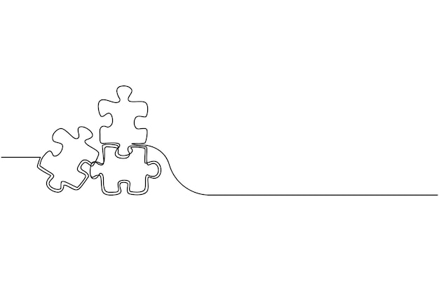 Two connected puzzle pieces of one continuous line drawn Jigsaw puzzle element Vector illustration