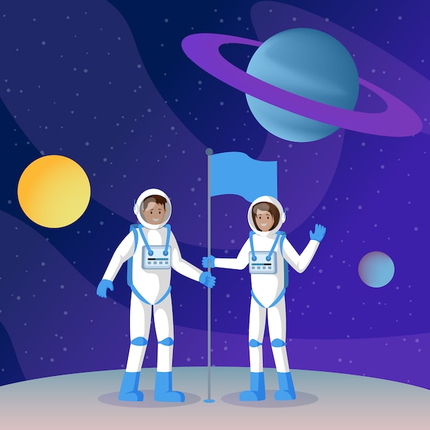 Two cosmonauts placing flag flat