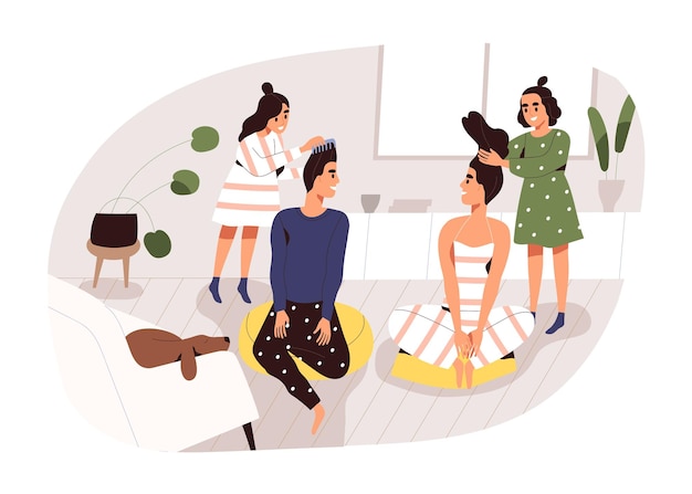 Two creative girl making hairstyle to parents having fun at home vector flat illustration. Mother and father playing to hairdressing salon with kids isolated. Happy family spending time together.