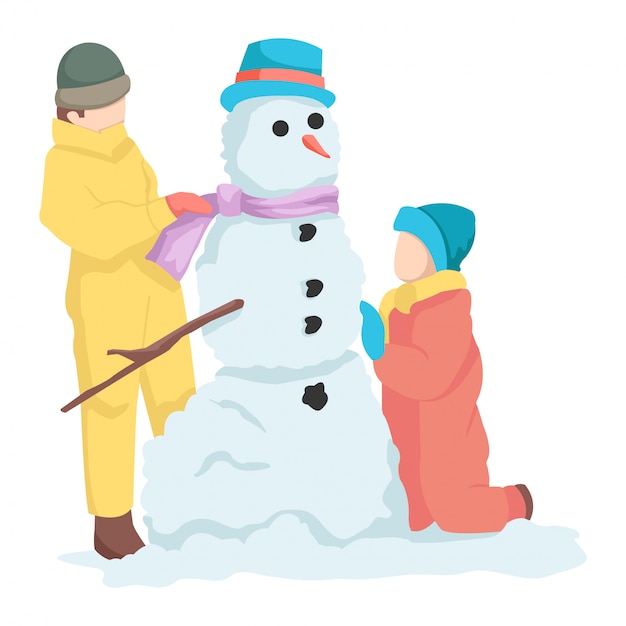 Two creative kids are playing using the snowman they made