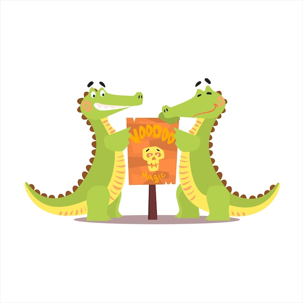 Two Crocodiles Setting Up A Sign Funny Childish Colorful Flat Vector Illustration On White Background