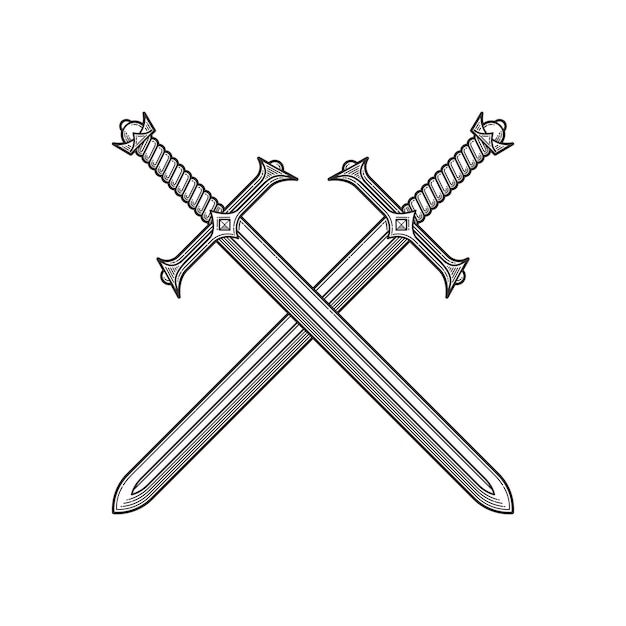 Two crossed ancient swords Line art illustration