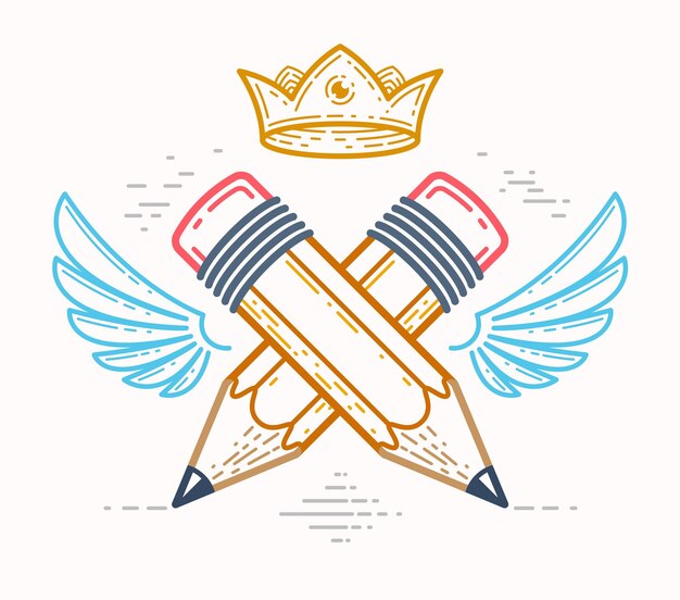 Two crossed pencils with wings and crown, vector simple trendy logo or icon for designer or studio, creative king, royal design, linear style.